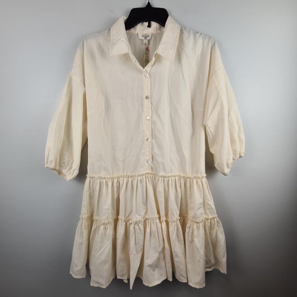 Umgee Womens Cream Tiered Babydoll Dress Collared Button Front Size S Boho
